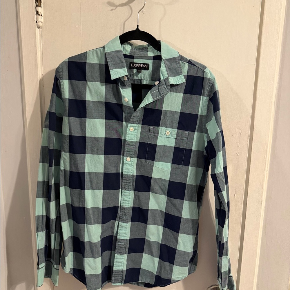 Express Men's Navy and Mint Plaid Shirt - Medium